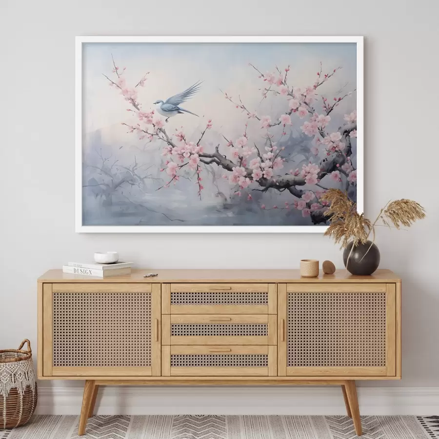 Fotobehang Blauwe vogel vliegend tussen roze kersenbloesem bloemen op een mistige gedempte lente achtergrond f41712