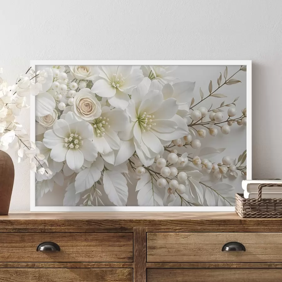 Fotobehang Delicate witte bloemen, waaronder lelies, rozen en andere bloemen met zachte, fluweelachtige bloemblaadjes f41722