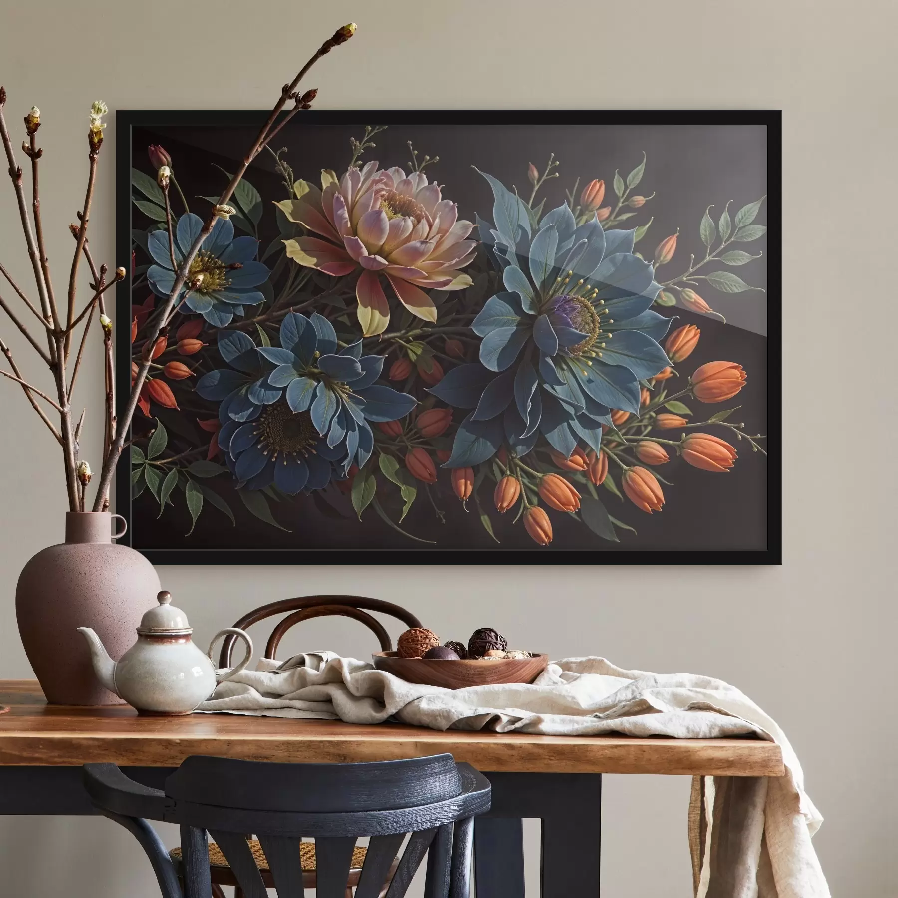 Fotobehang Een levendig boeket van grote, kleurrijke dahliabloemen in roze, oranje en blauwe tinten met een donkere achtergrond f41730