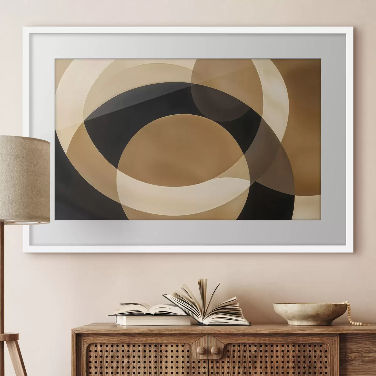 Poster Geometrische vormen in bruin-, beige- en zwarttinten die een abstracte, minimalistische compositie creëren f41741