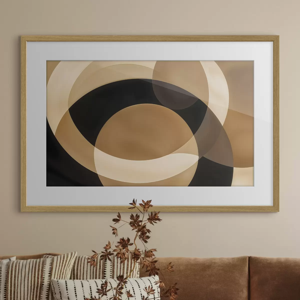 Poster Geometrische vormen in bruin-, beige- en zwarttinten die een abstracte, minimalistische compositie creëren f41741