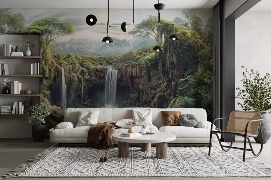 Fotobehang groot panorama van de canyon met bomen en een waterval w02294