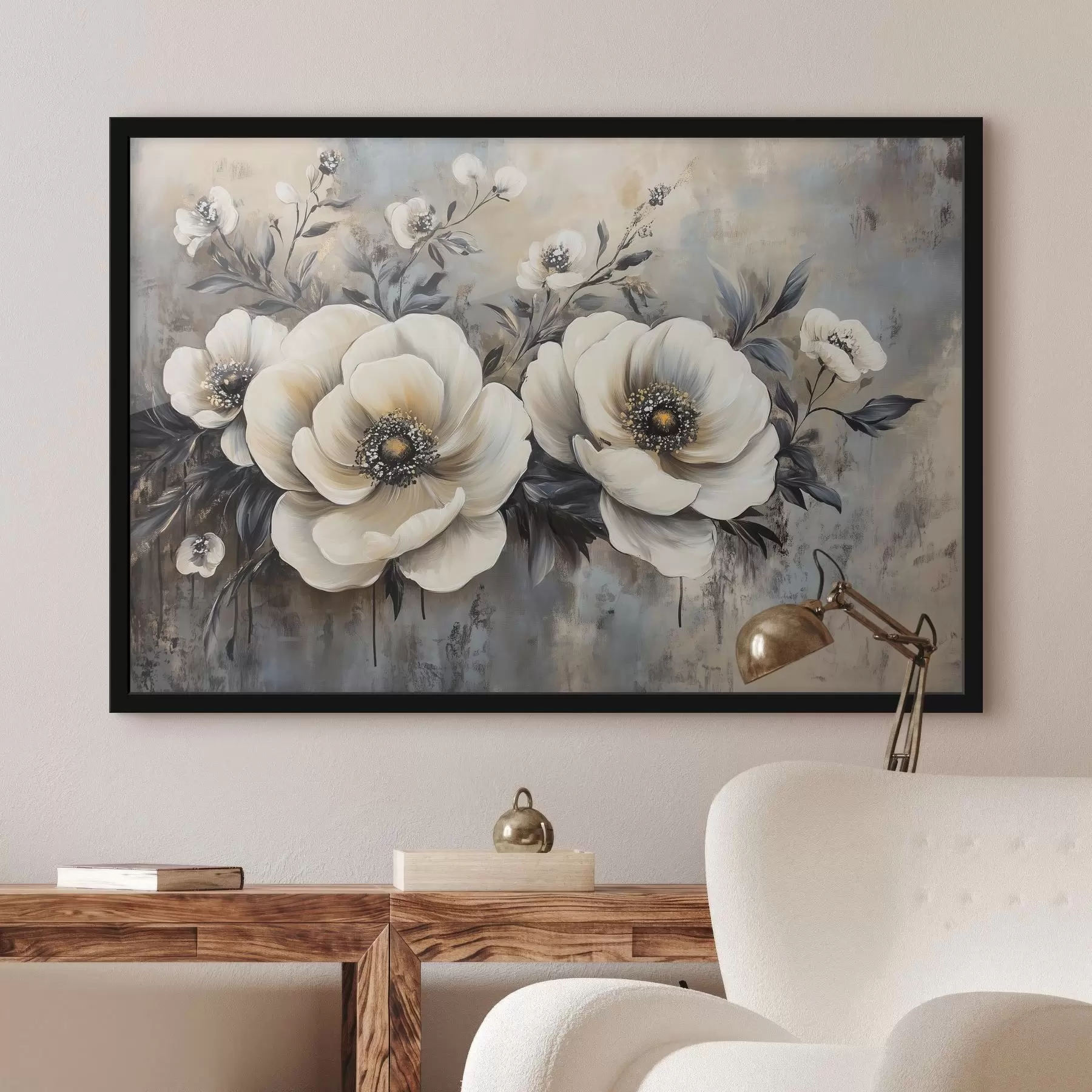 Fotobehang Tak van witte bloemen in vintage stijl f41828