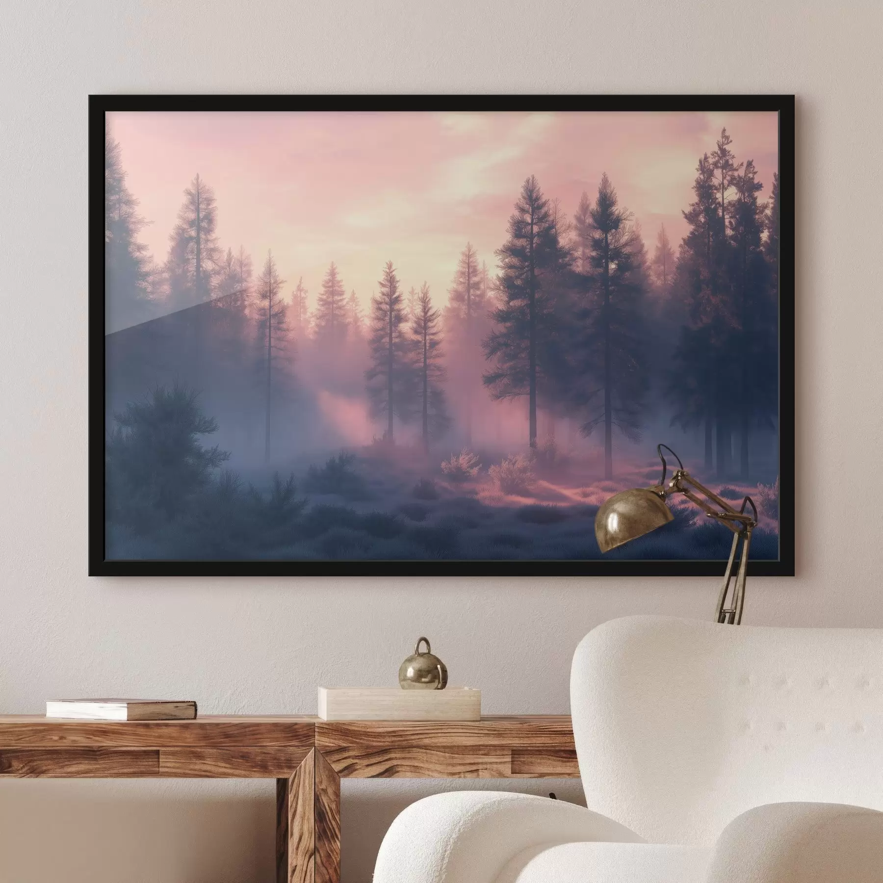 Fotobehang Sprookjesbos met mist en dennen f41831