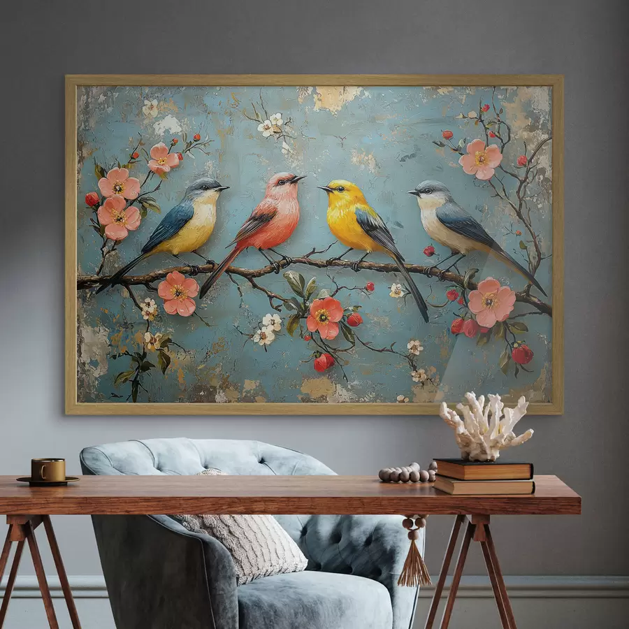 Fotobehang Vogels op een tak van sakura in de stijl van olieverfschilderij f41834