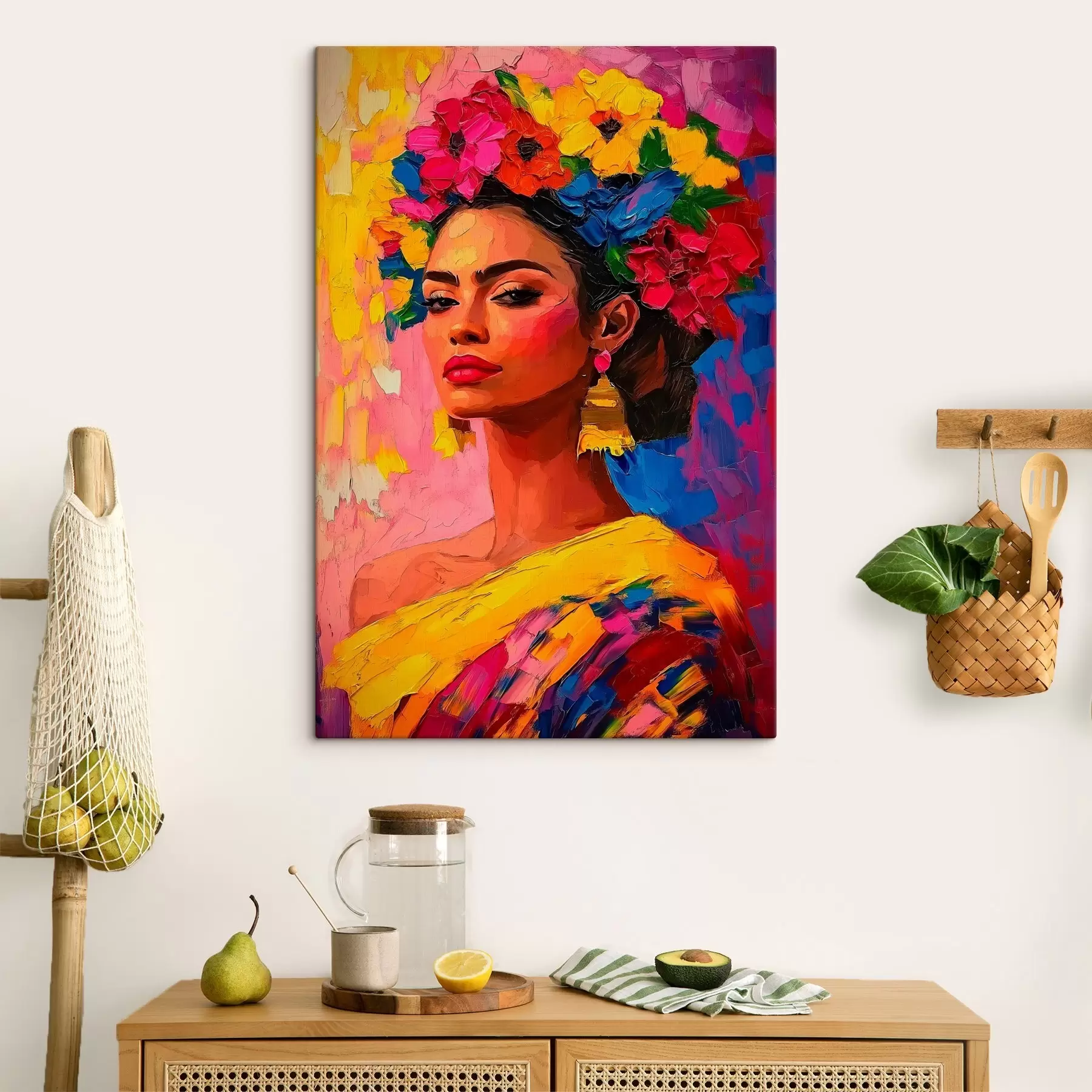 Fotobehang Een vrouw versierd met een heldere bloemenkroon op een kleurrijke achtergrond s41809