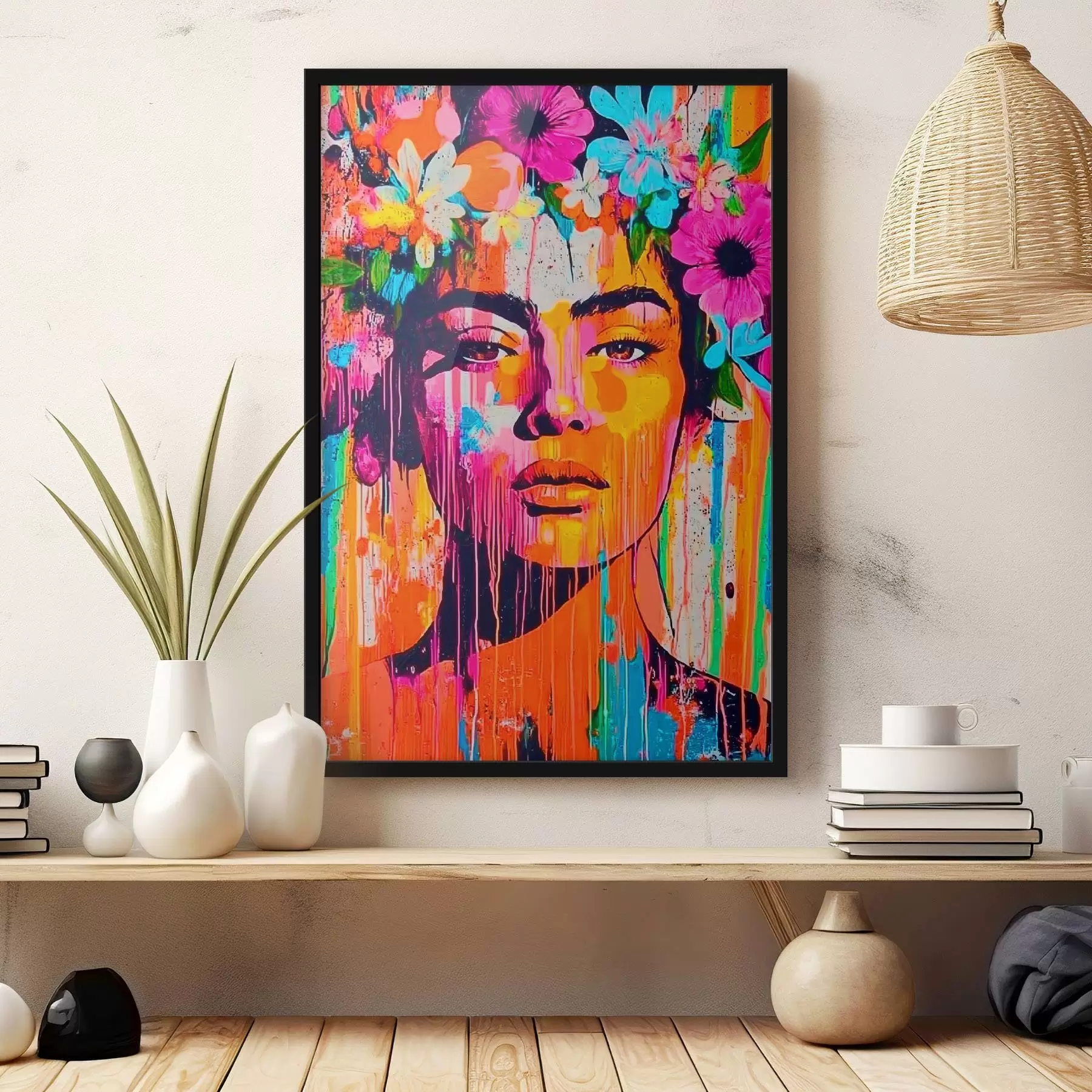 Fotobehang Een abstract portret van een vrouw met bloemen in heldere kleuren f41812