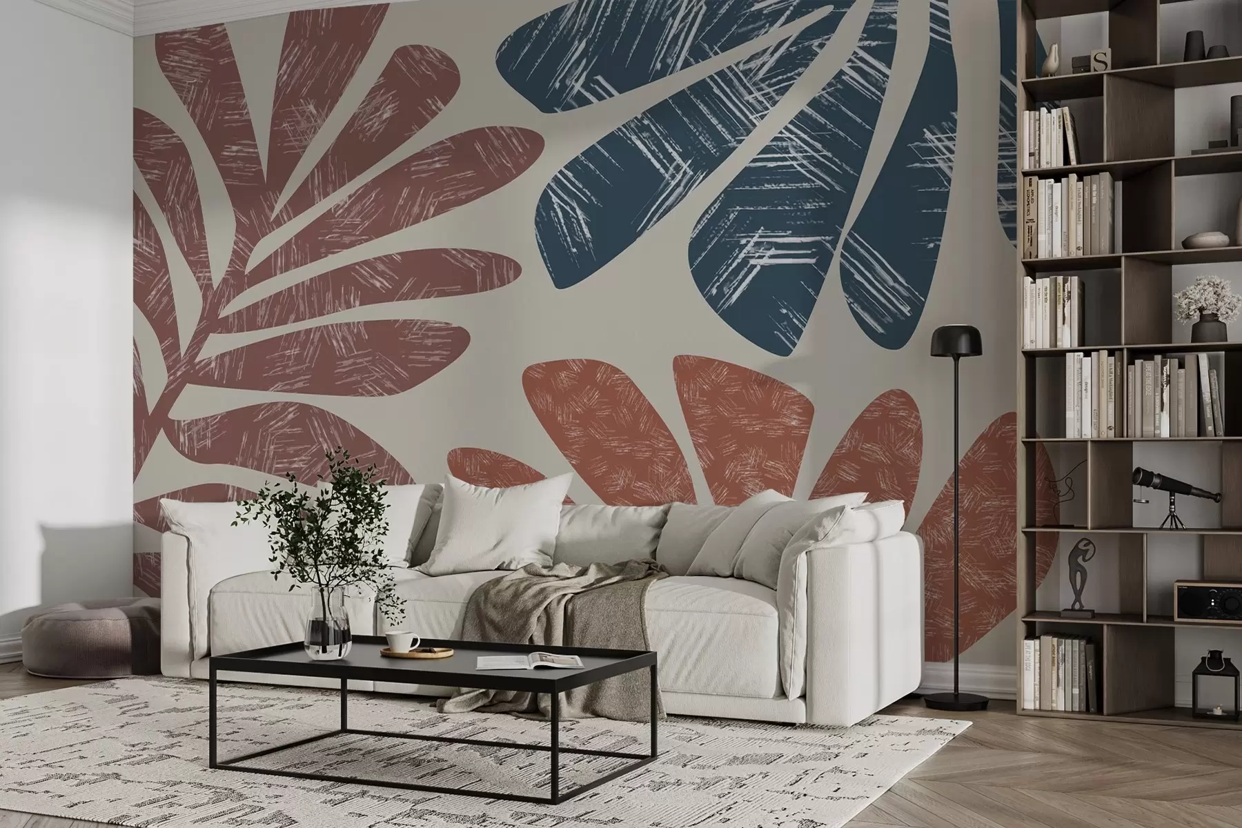Fotobehang Silhouet van bladtakken met textuur w02333