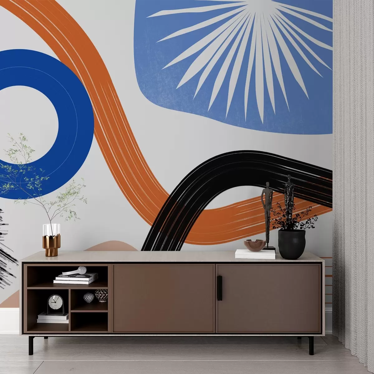 Fotobehang Abstracte compositie met lijnen en cirkel, blauwe, oranje kleur w02334