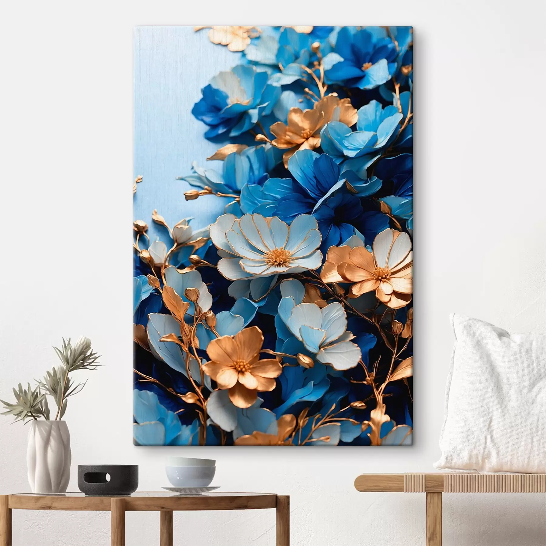 Fotobehang Blauwe en gele bloemen en stelen s41514