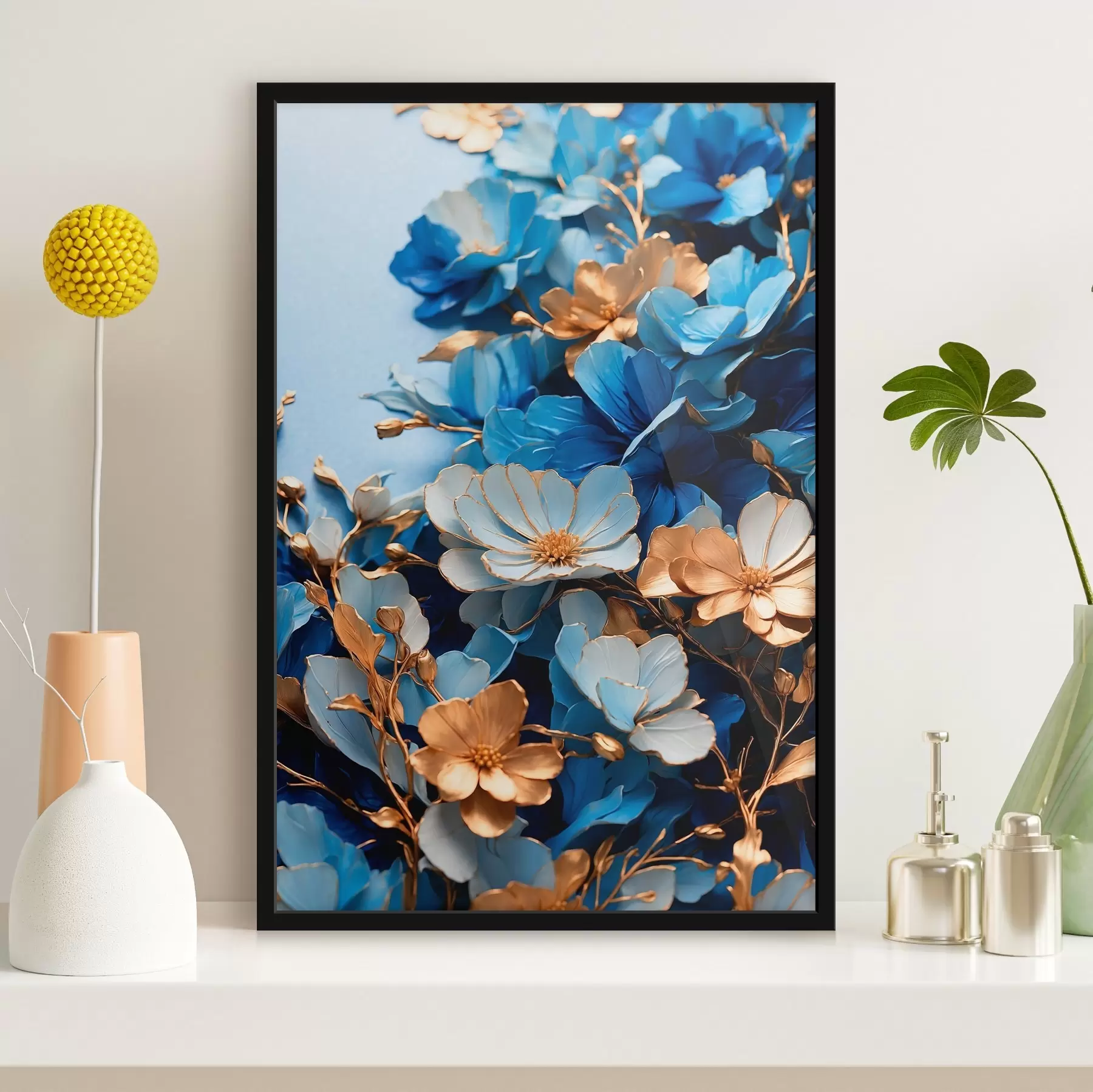 Fotobehang Blauwe en gele bloemen en stelen f41514