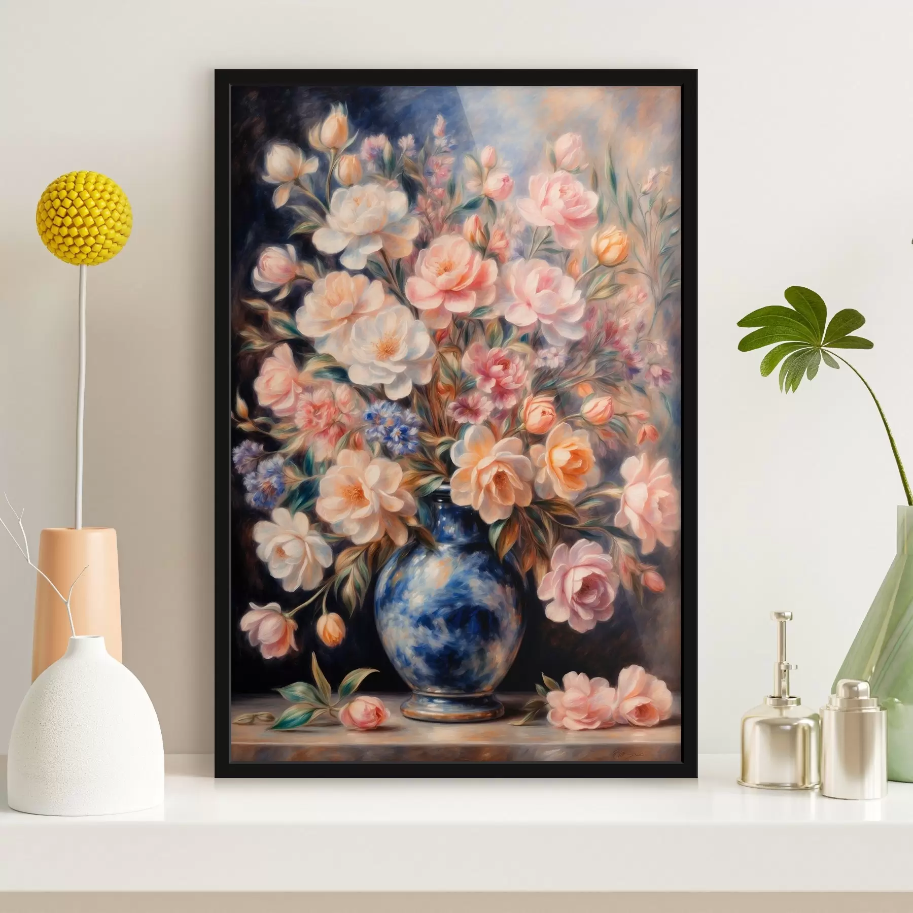 Fotobehang Boeket bloemen in blauwe vaas op wazige achtergrond f41516