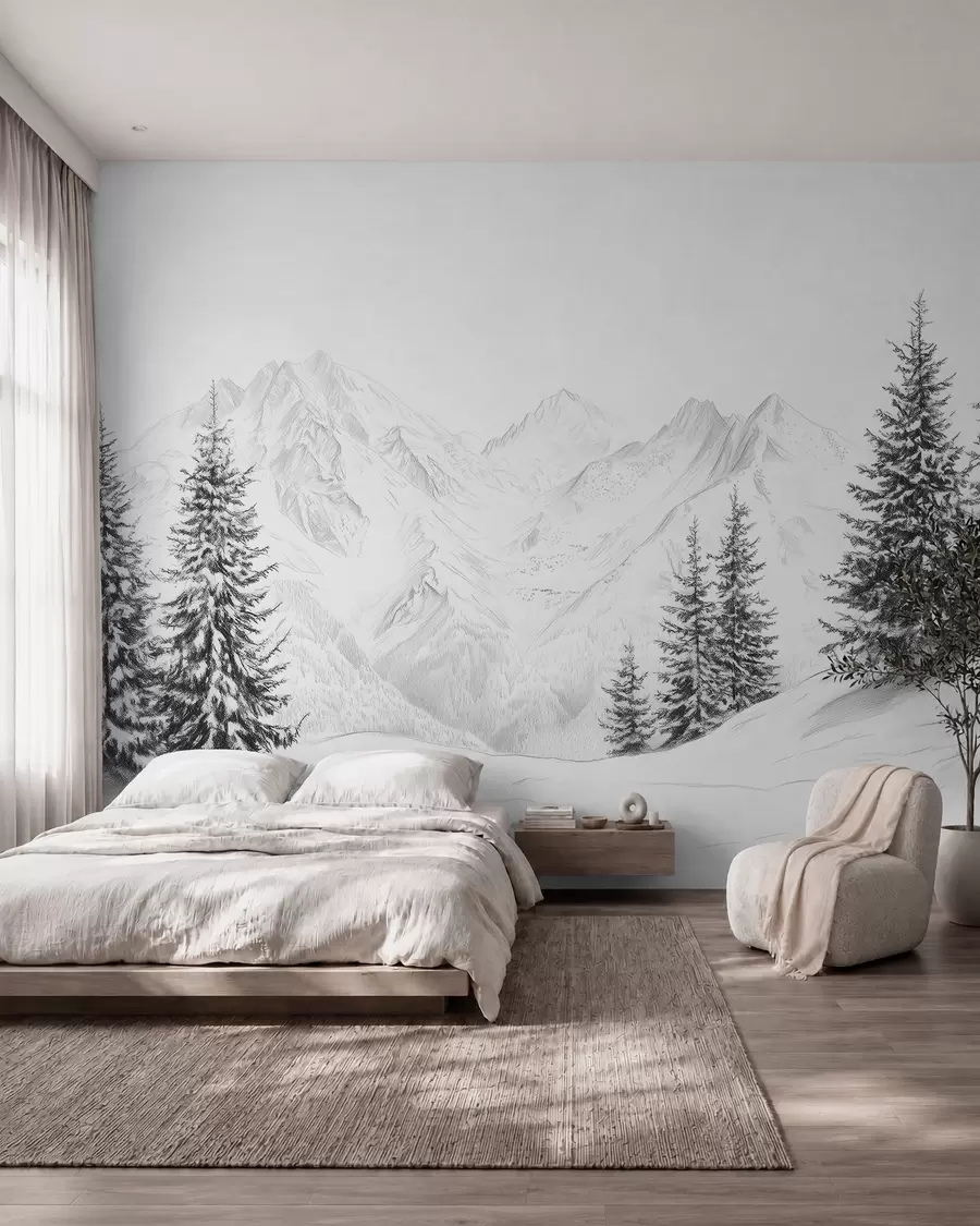 Fotobehang Besneeuwde bergen, potlood tekening, minimalisme, bos, natuur w02351