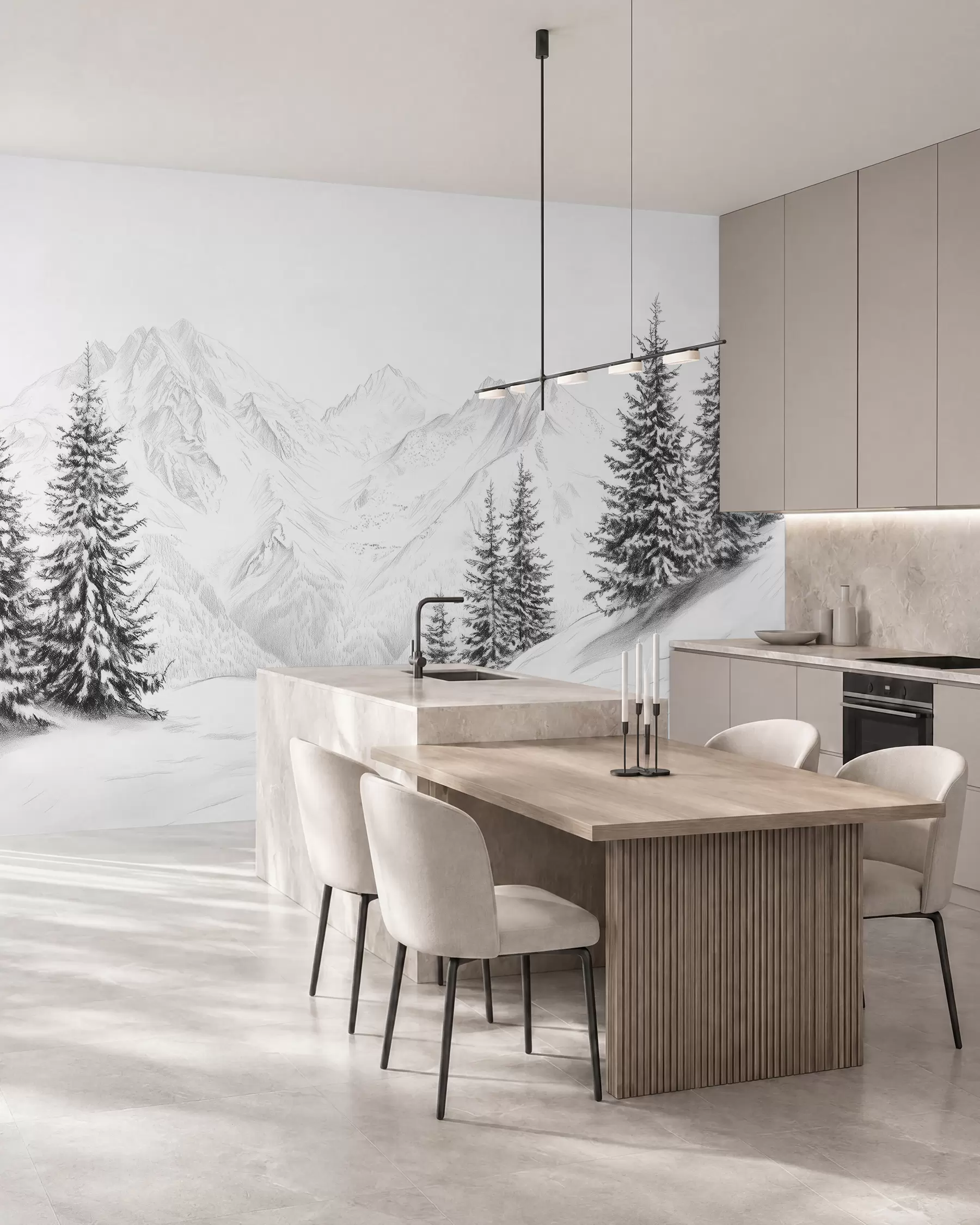 Fotobehang Besneeuwde bergen, potlood tekening, minimalisme, bos, natuur w02351
