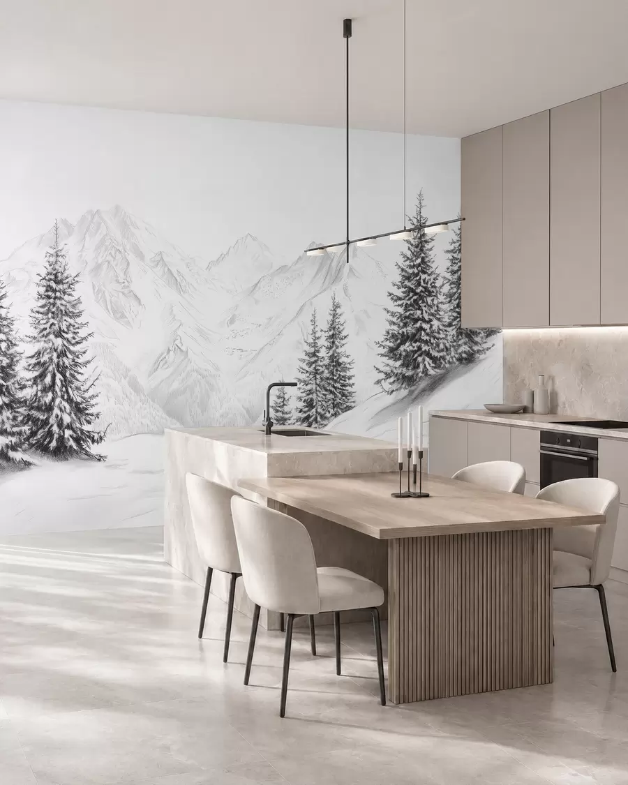 Fotobehang Besneeuwde bergen, potlood tekening, minimalisme, bos, natuur w02351