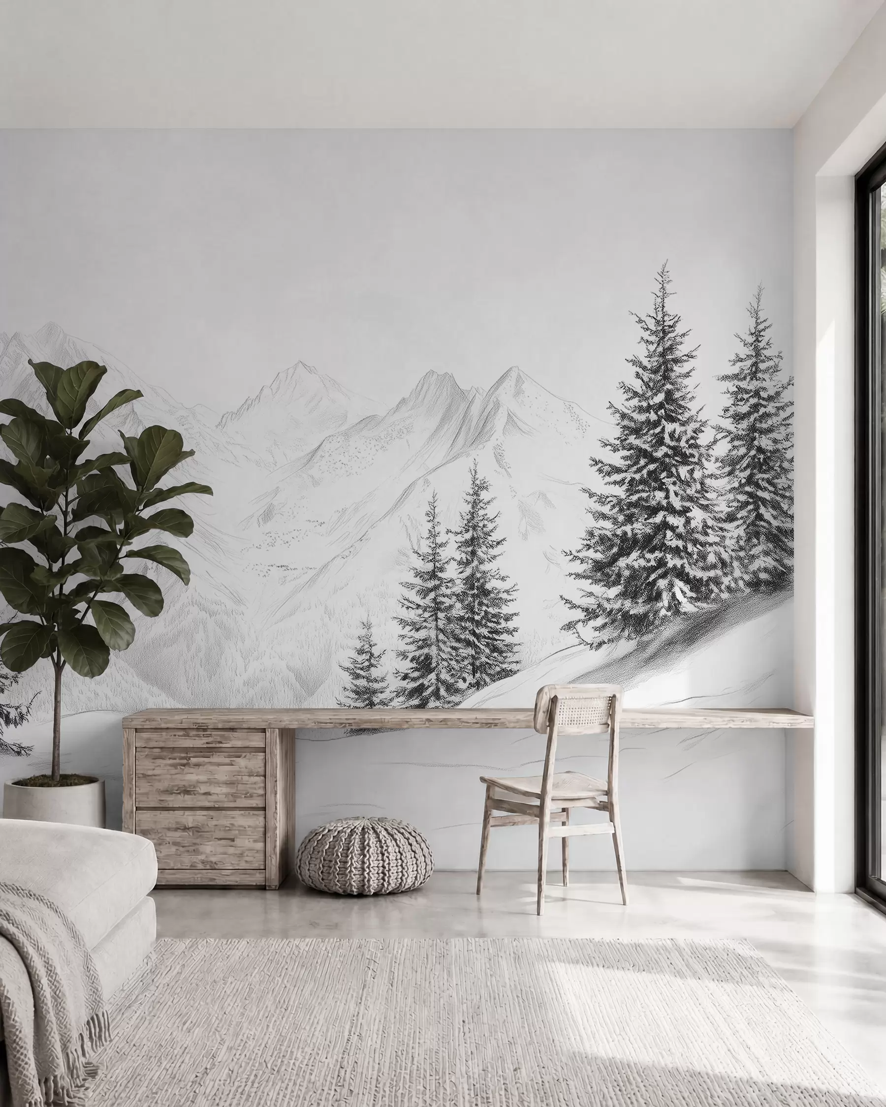 Fotobehang Besneeuwde bergen, potlood tekening, minimalisme, bos, natuur w02351