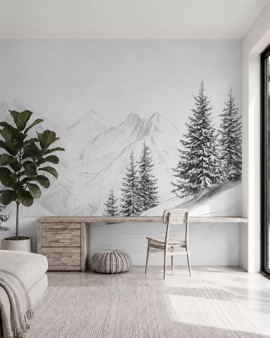 Fotobehang Besneeuwde bergen, potlood tekening, minimalisme, bos, natuur w02351