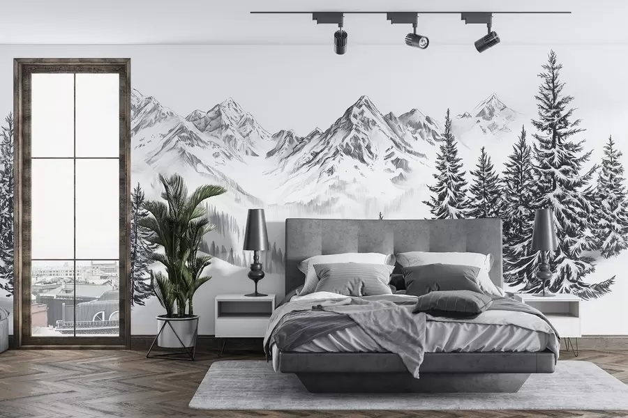 Fotobehang Alpen in de sneeuw, potloodstijl, minimalisme w02352
