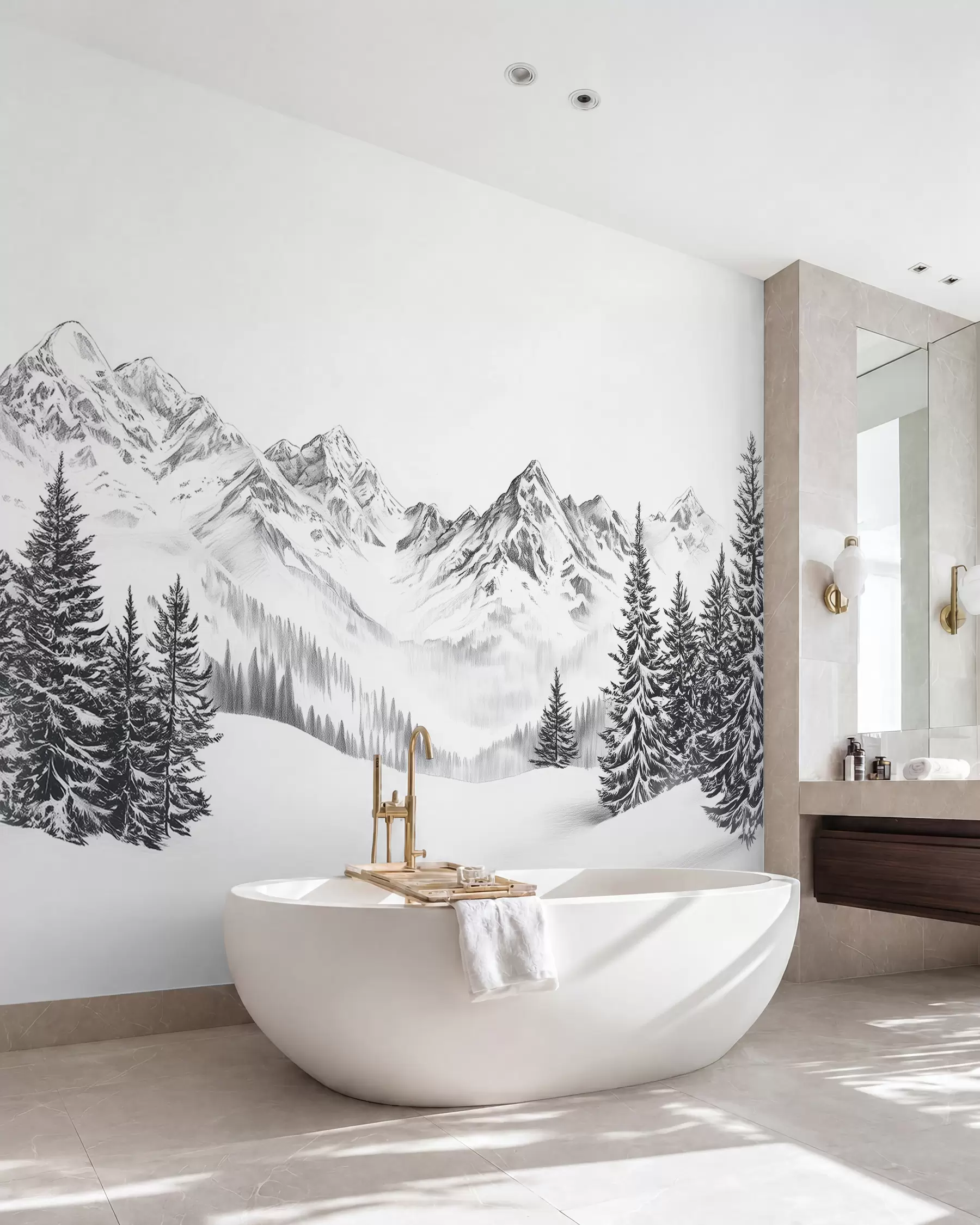 Fotobehang Alpen in de sneeuw, potloodstijl, minimalisme w02352