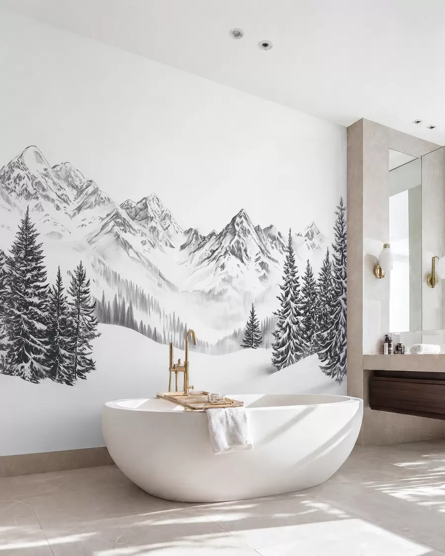 Fotobehang Alpen in de sneeuw, potloodstijl, minimalisme w02352