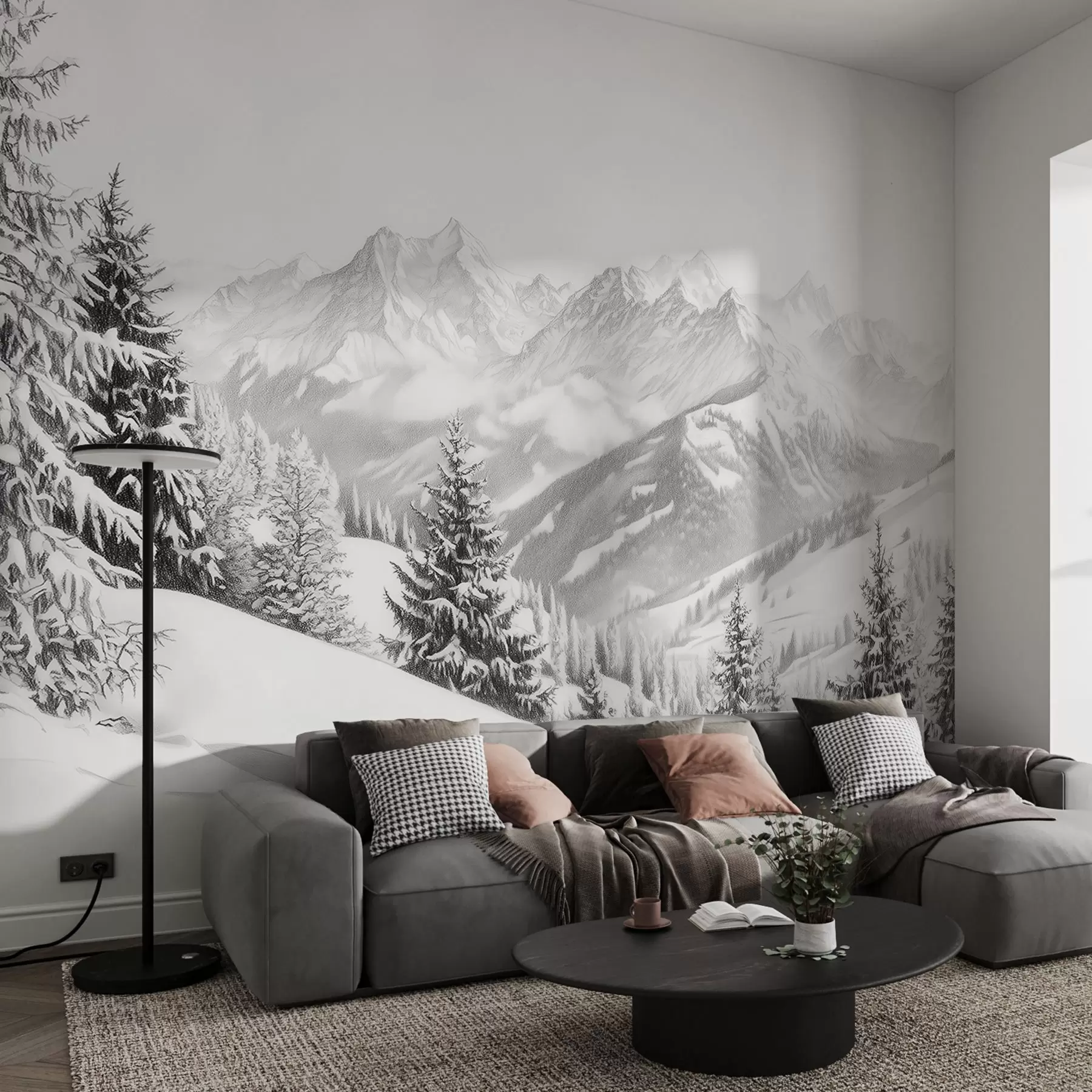 Fotobehang Winter in de bergen, bos, Alpen, potlood tekening, natuurlandschappen w02353