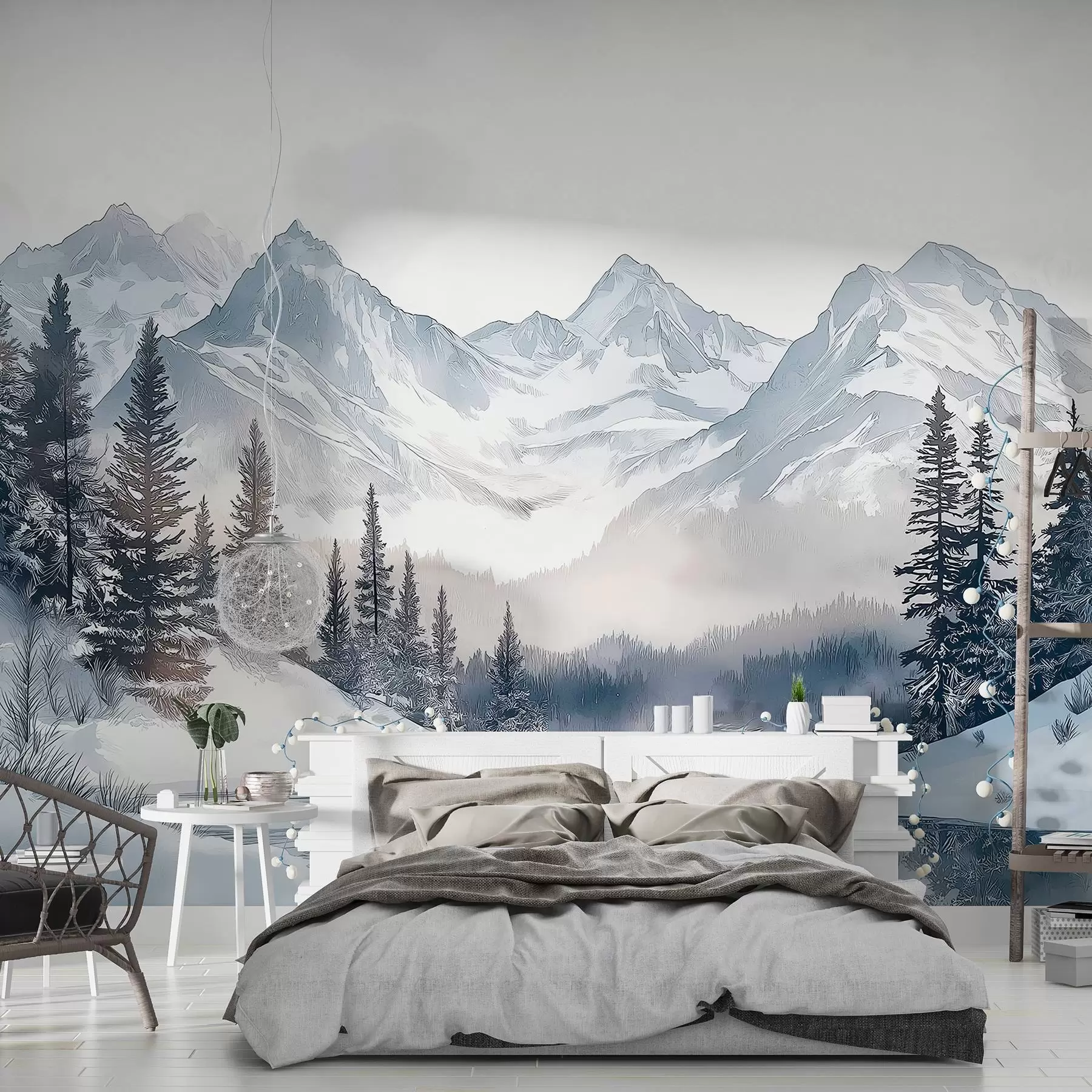 Fotobehang Bergen met meer, winter, bos, zonsondergang hemel, natuur w02357