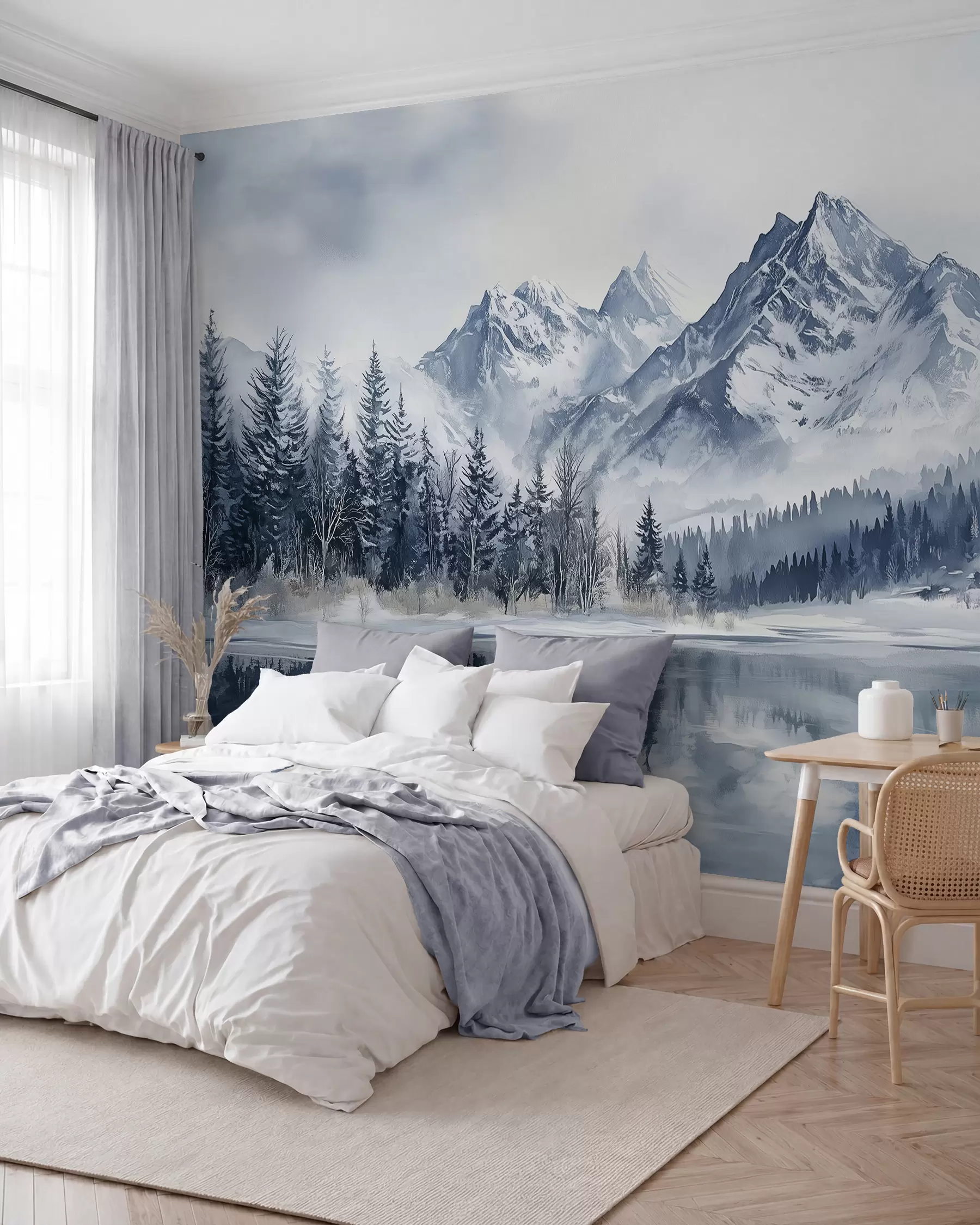 Fotobehang De Alpen in sneeuw, winterbos, bevroren meer, blauw kleurenpalet  w02358