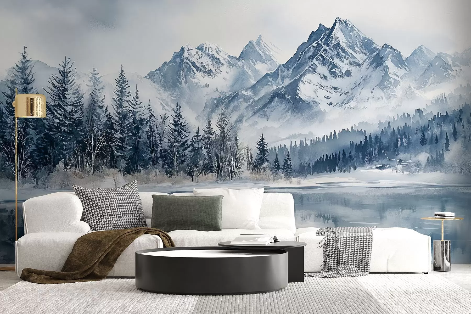 Fotobehang De Alpen in sneeuw, winterbos, bevroren meer, blauw kleurenpalet  w02358