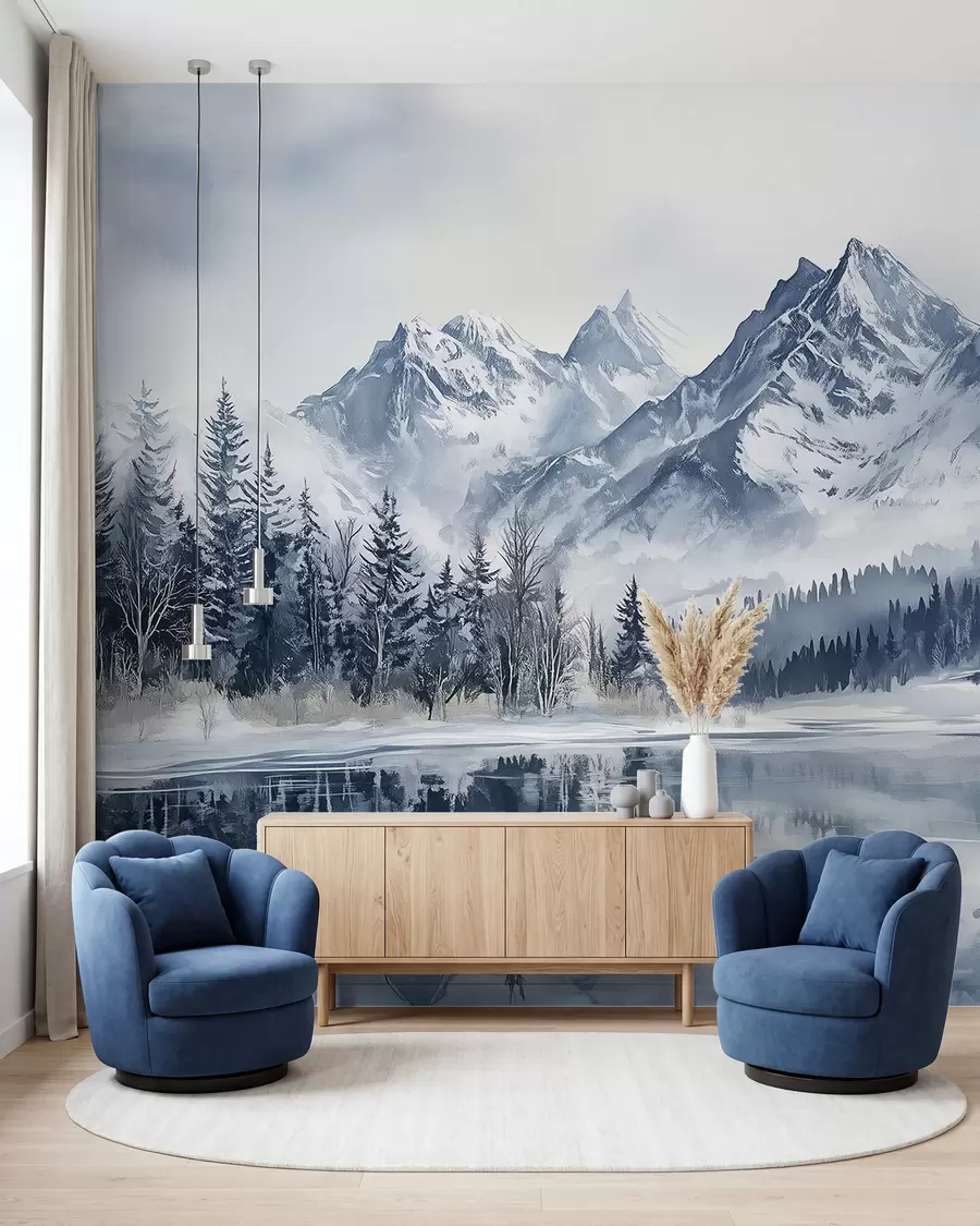 Fotobehang Besneeuwde bossen en toppen w02358