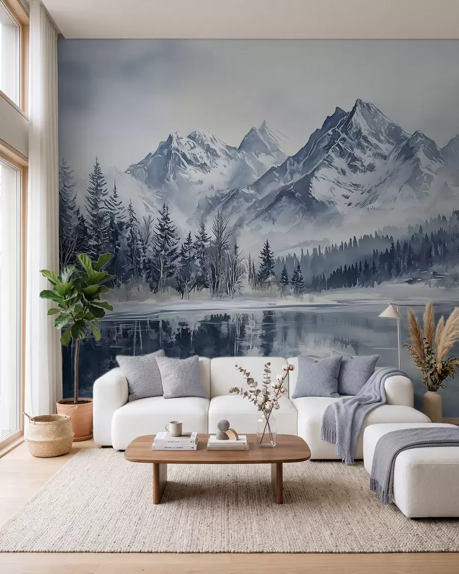 Fotobehang Besneeuwde bossen en toppen w02358