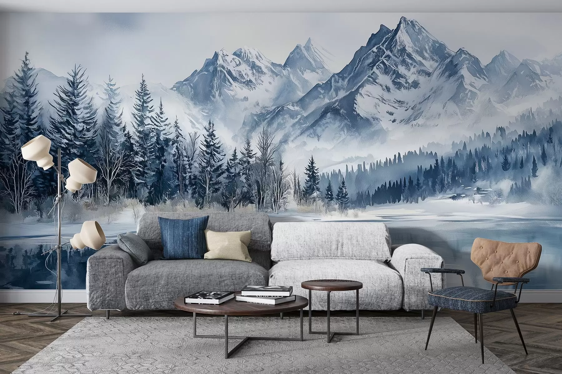 Fotobehang De Alpen in sneeuw, winterbos, bevroren meer, blauw kleurenpalet  w02358