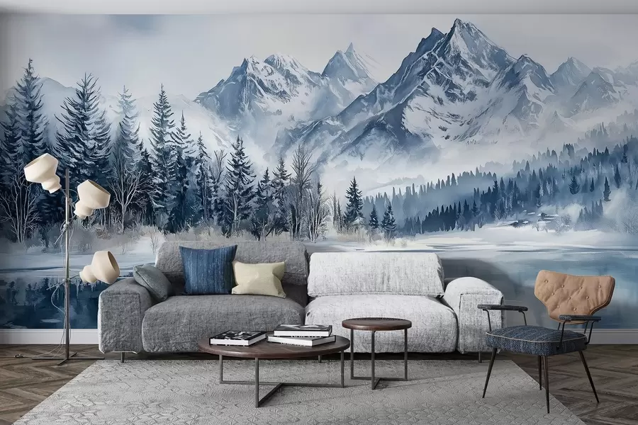 Fotobehang De Alpen in sneeuw, winterbos, bevroren meer, blauw kleurenpalet  w02358