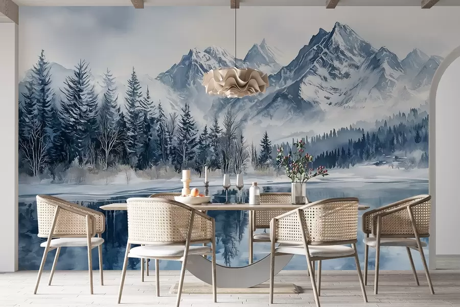 Fotobehang De Alpen in sneeuw, winterbos, bevroren meer, blauw kleurenpalet  w02358