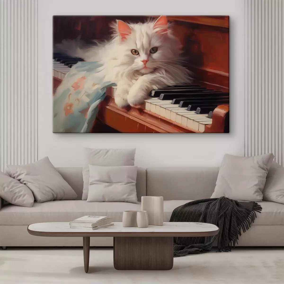  Schilderijen Witte kat ligt op pianotoetsen imitatieschilderij s41853