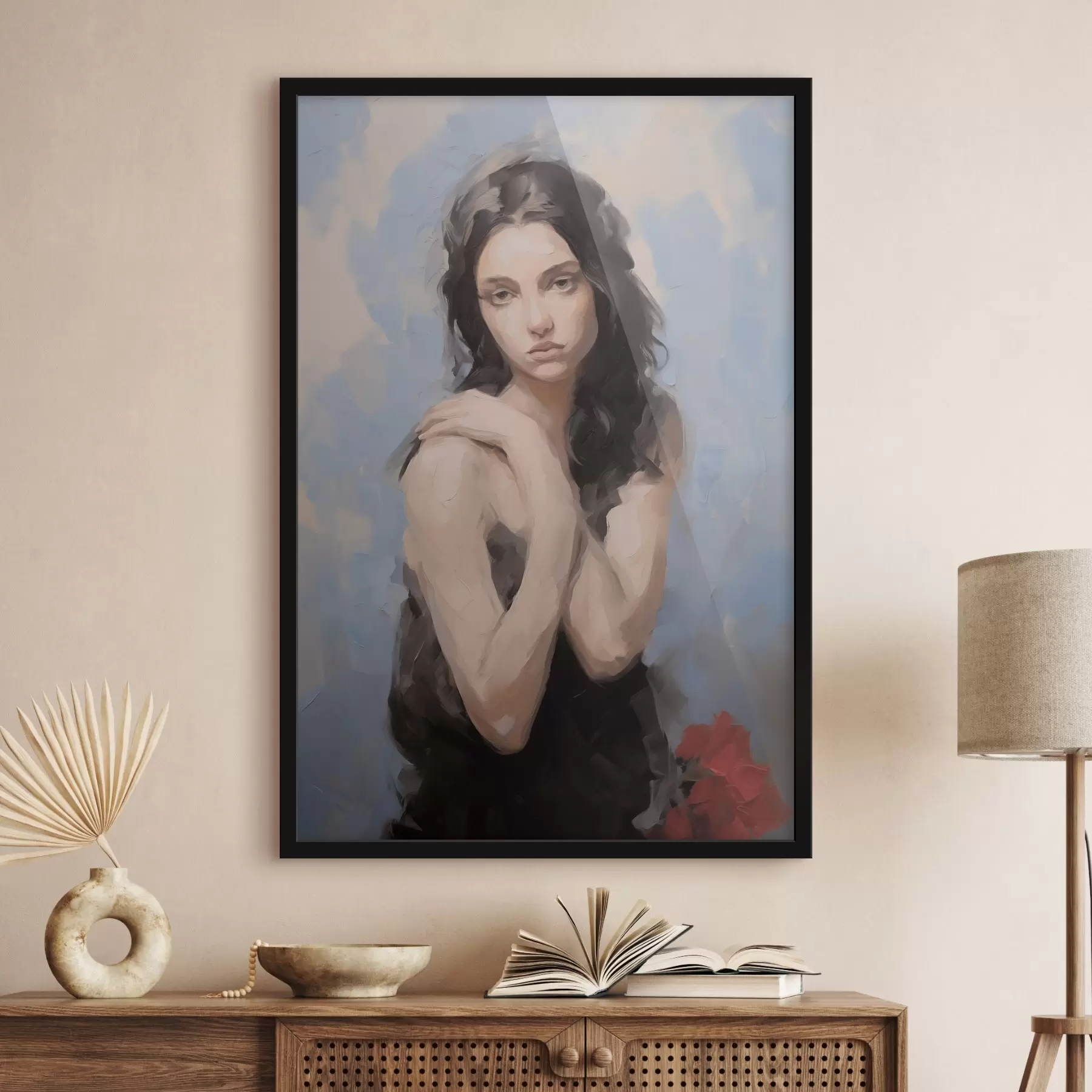 Fotobehang Meisje in zwarte jurk imitatieschilderij f41848