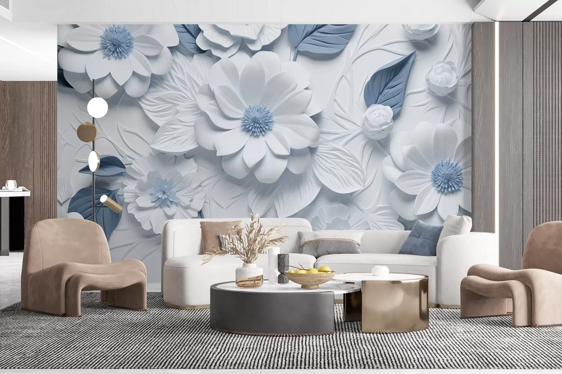Fotobehang Volumetrische bloemen van gips in twee kleuren w02006v1