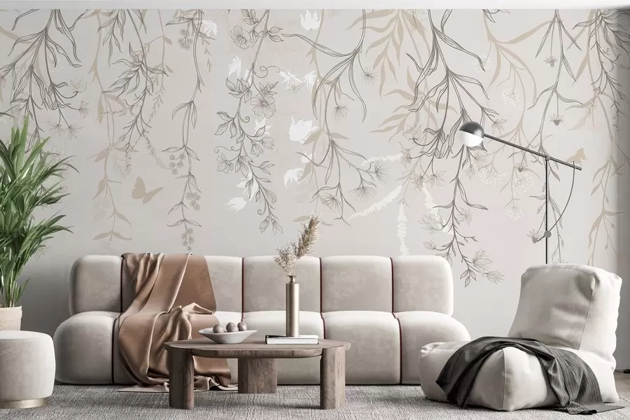 Fotobehang Dunne lineaire bloemen die aan de berg hangen w02007