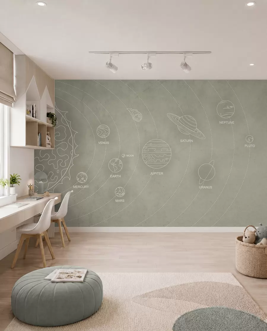 Fotobehang Zonnestelsel in minimalistische stijl op een koele beige textuurachtergrond w02344