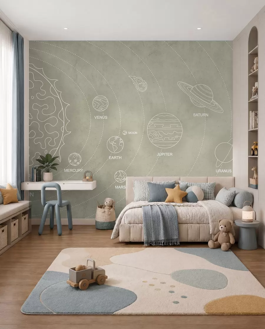 Fotobehang Zonnestelsel in minimalistische stijl op een koele beige textuurachtergrond w02344