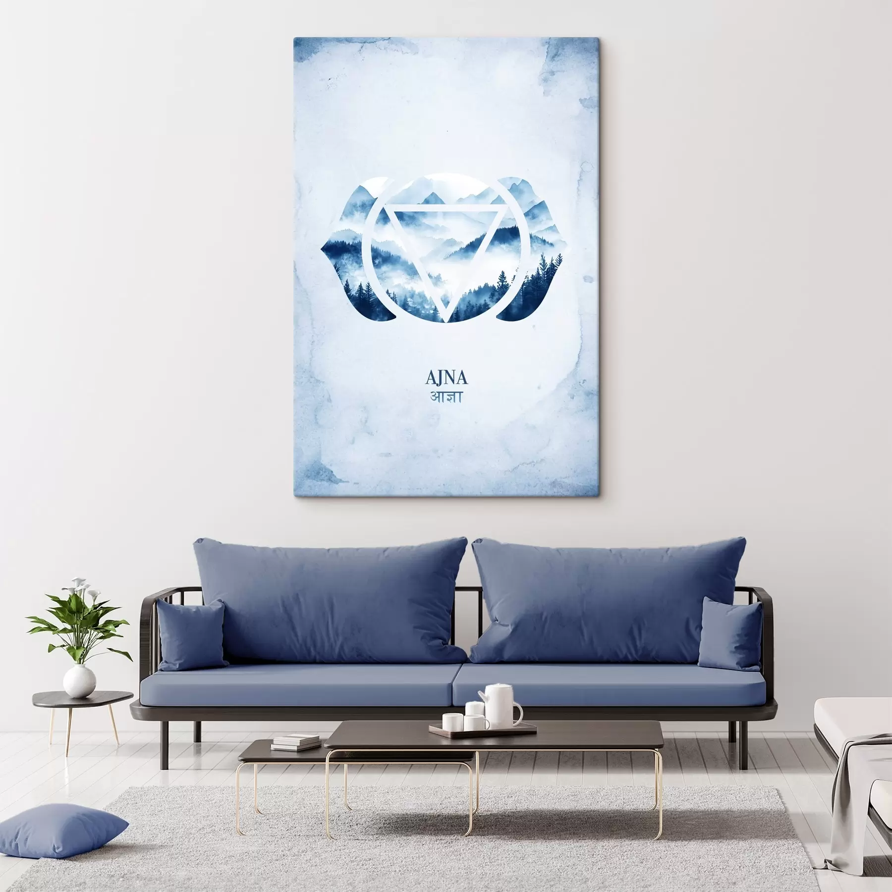 Fotobehang Ajna chakra, derde oog chakra, esoterisch, meditatie, boeddhisme, aquarel stijl bergen s41885