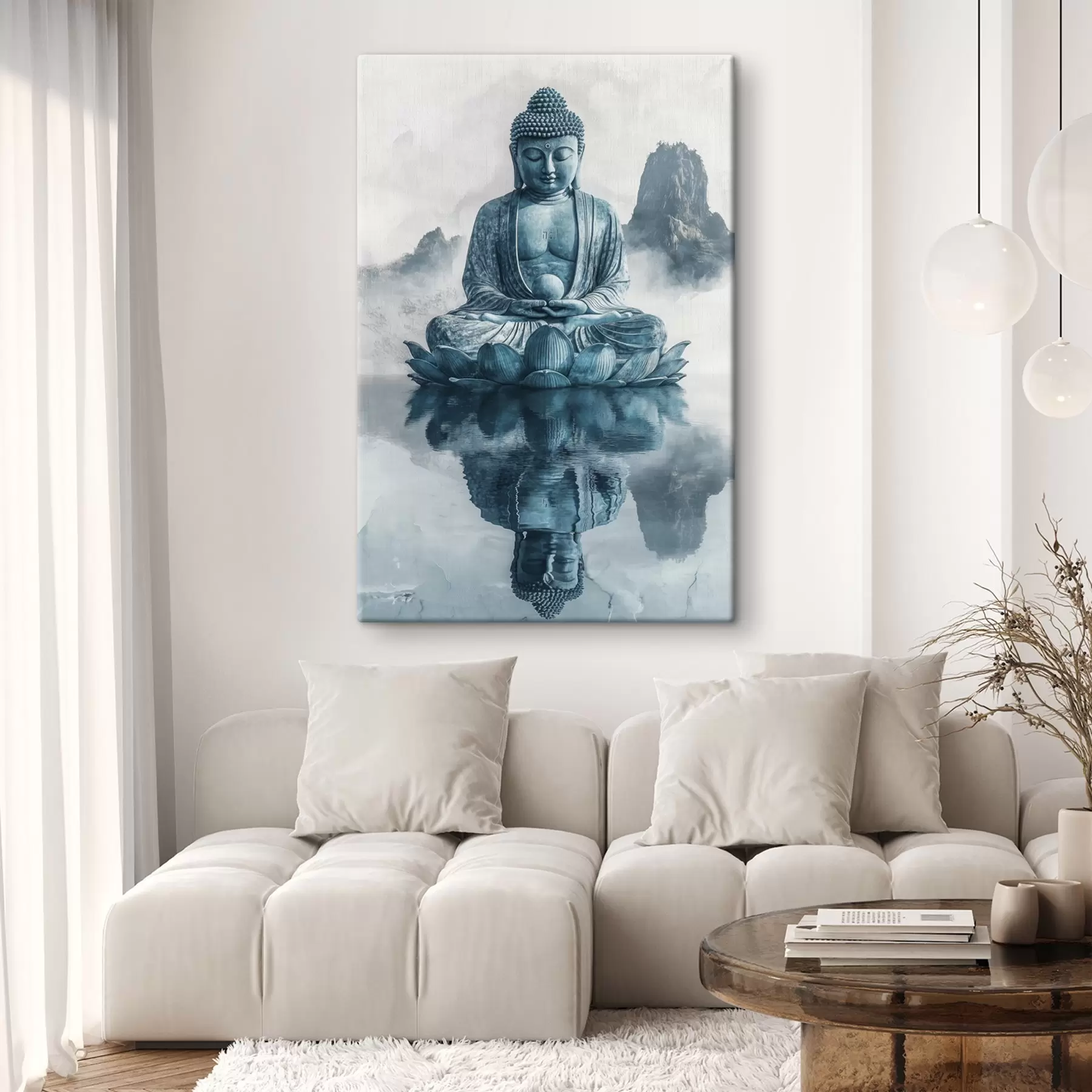Fotobehang Boeddhabeeld, oosterse stijl, boeddhisme, bergen, meer, meditatie, spiritueel s41890