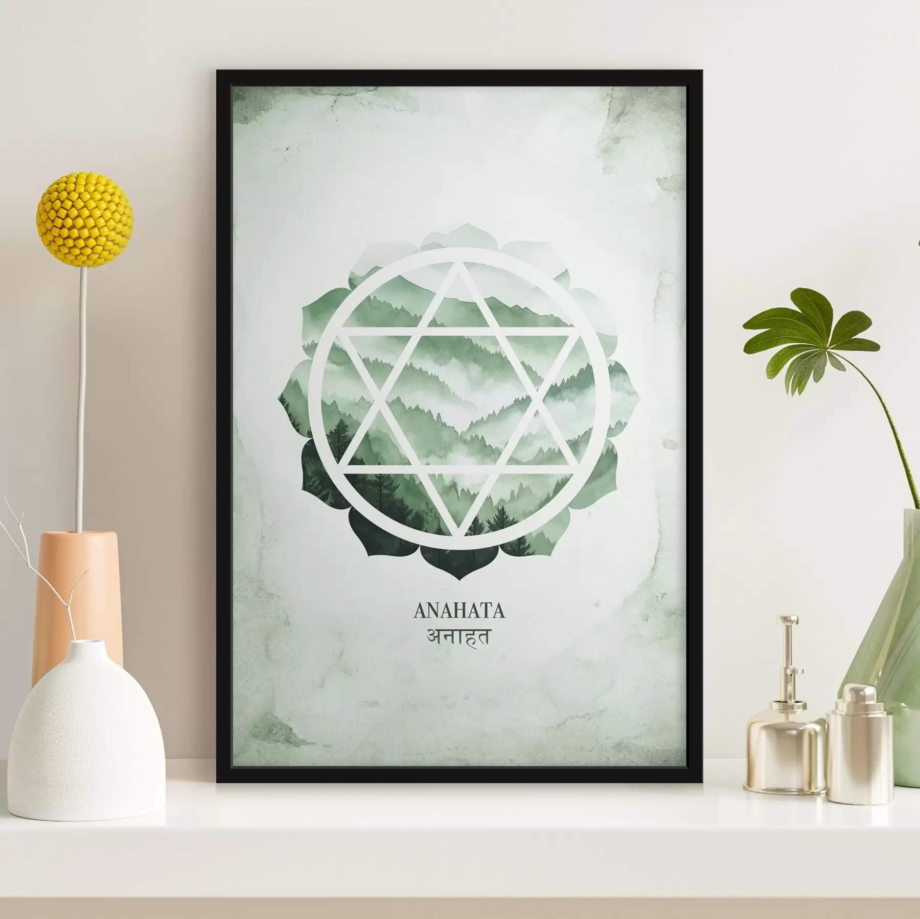 Fotobehang Anahata chakra, groene chakra, esoterisch, meditatie, boeddhisme, aquarel stijl bergen f41883