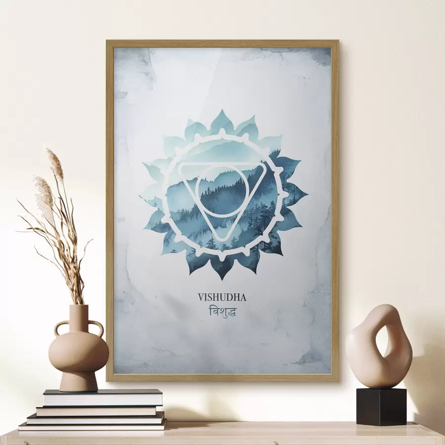 Fotobehang Vishuddha chakra, blauw chakra, esoterisch, meditatie, boeddhisme, aquarel stijl bergen f41884