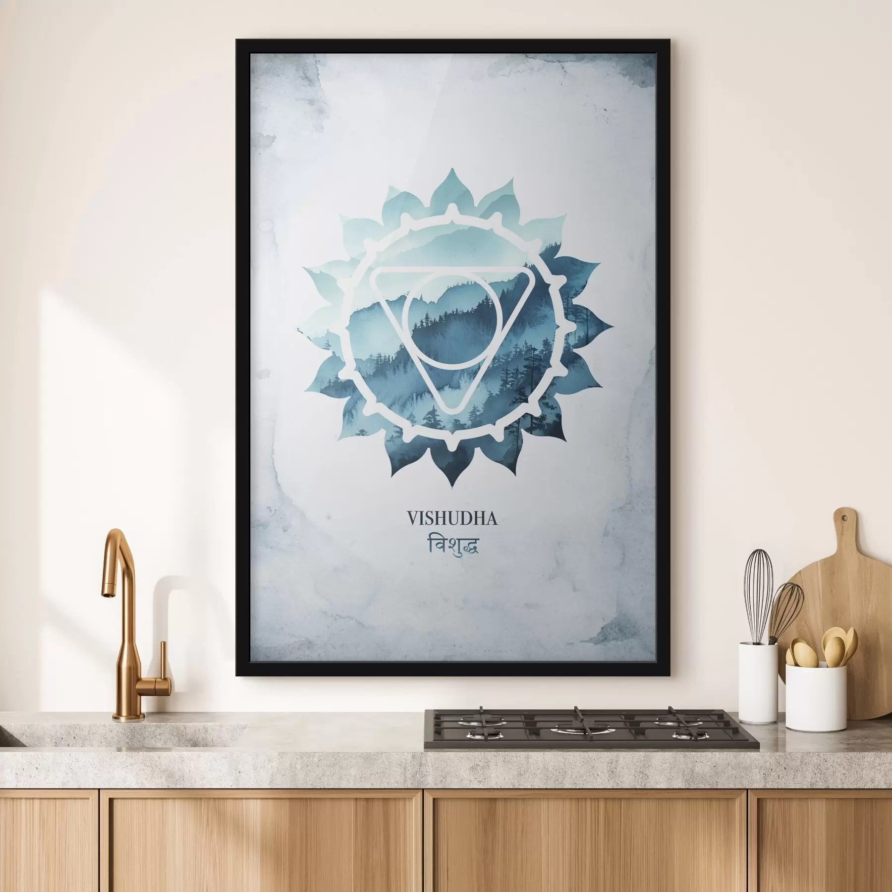 Fotobehang Vishuddha chakra, blauw chakra, esoterisch, meditatie, boeddhisme, aquarel stijl bergen f41884