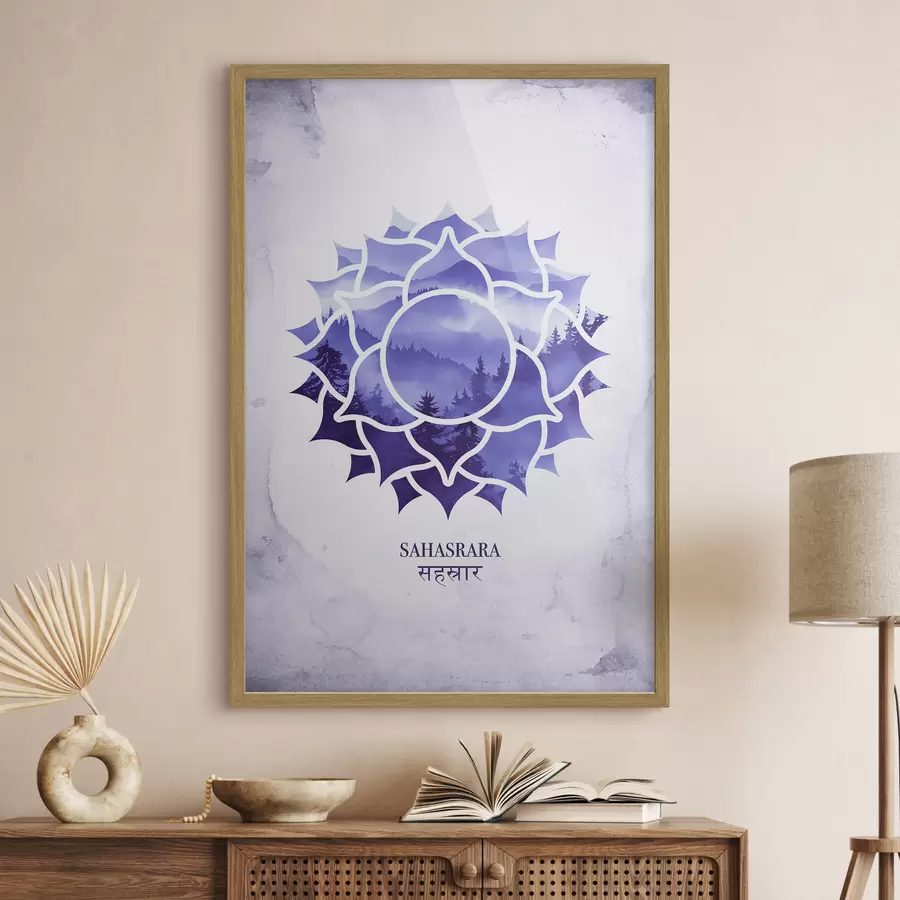 Fotobehang Sahasrara chakra, paarse chakra, esoterisch, meditatie, boeddhisme, aquarel stijl bergen f41886