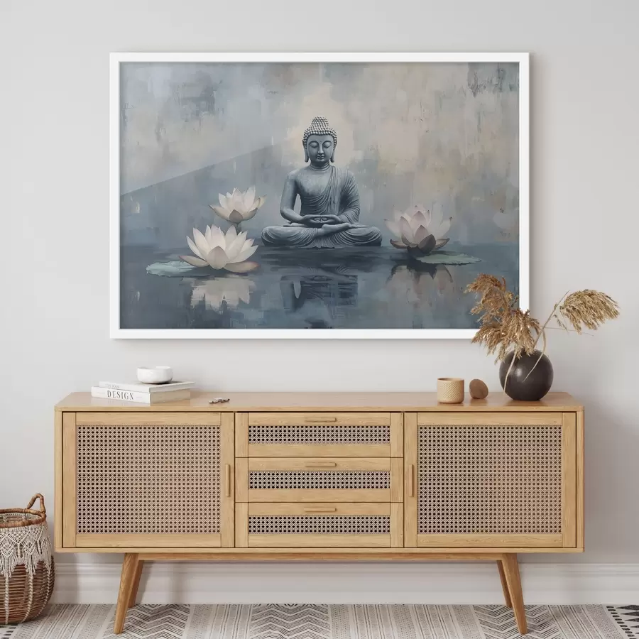 Fotobehang Mediterende Boeddha in het meer met lotussen, oosters, acrylstijl f41891