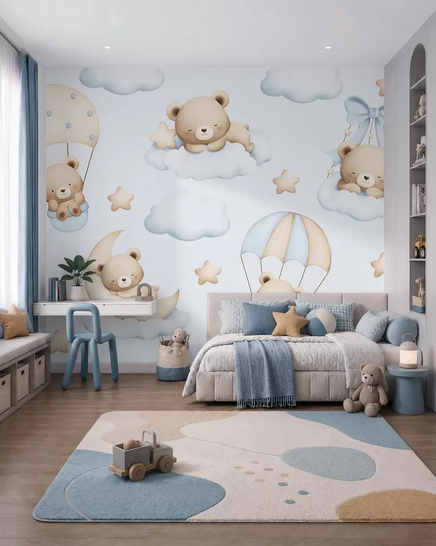 Fotobehang Beren aan parachutes en wolken op een blauwe achtergrond w02385