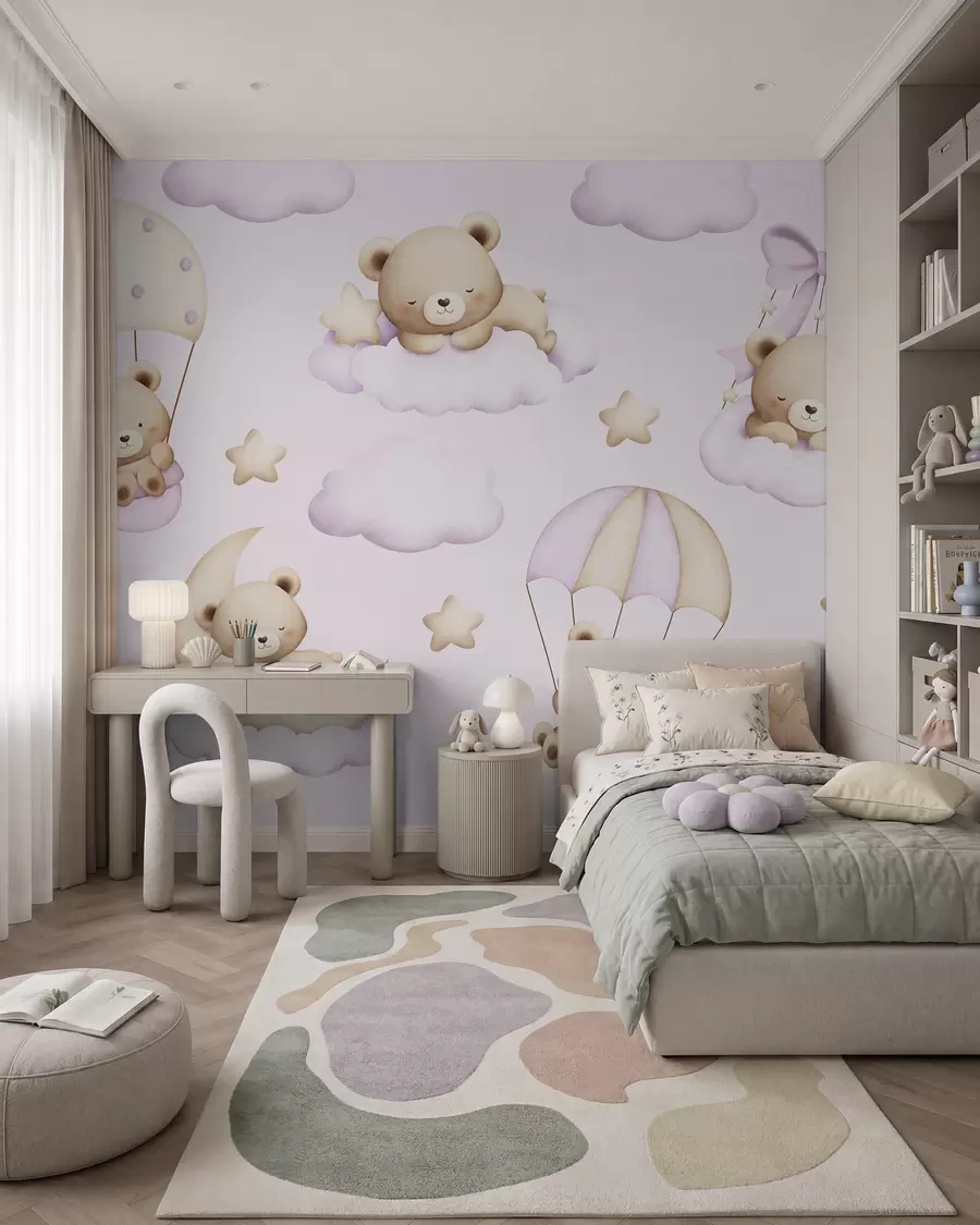 Fotobehang Beren aan parachutes en wolken op een roze achtergrond w02385v1