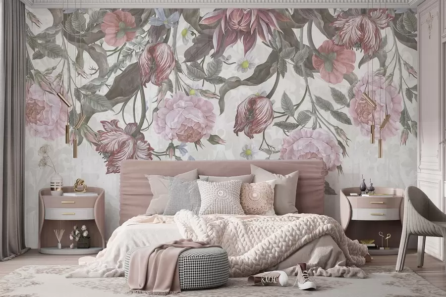 Fotobehang Een weelderig bloemstuk met grote roze en witte bloemen, met groene bladeren en stelen  w08435