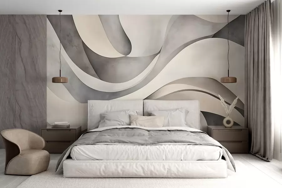 Fotobehang Witte, beige en grijze gebogen vormen die een abstracte, texturale, moderne en minimalistische print creëren  w08439